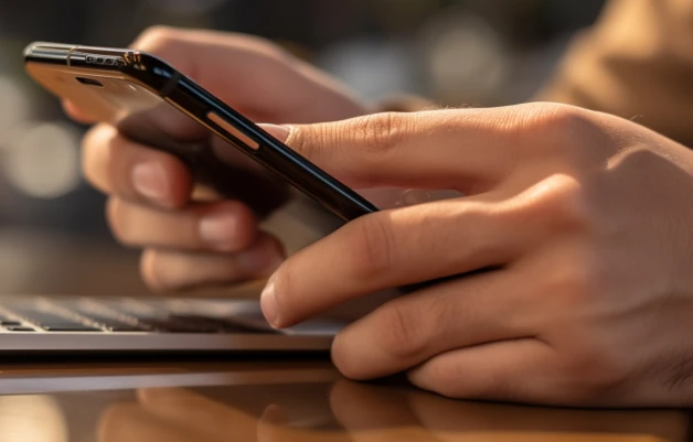 Imagem das mãos de uma pessoa manuseando um celular, representando o ato de entrar em contato conosco.