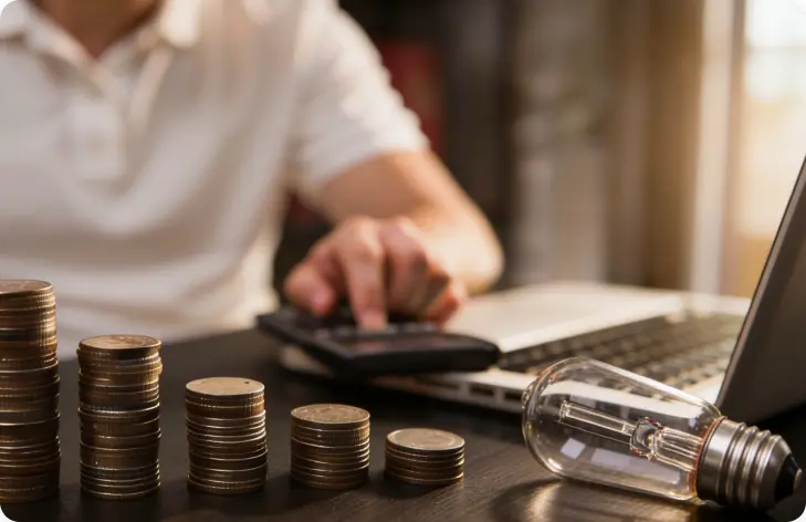 Pessoa fazendo contas em uma calculadora ao lado de pilhas de moedas e uma lâmpada.